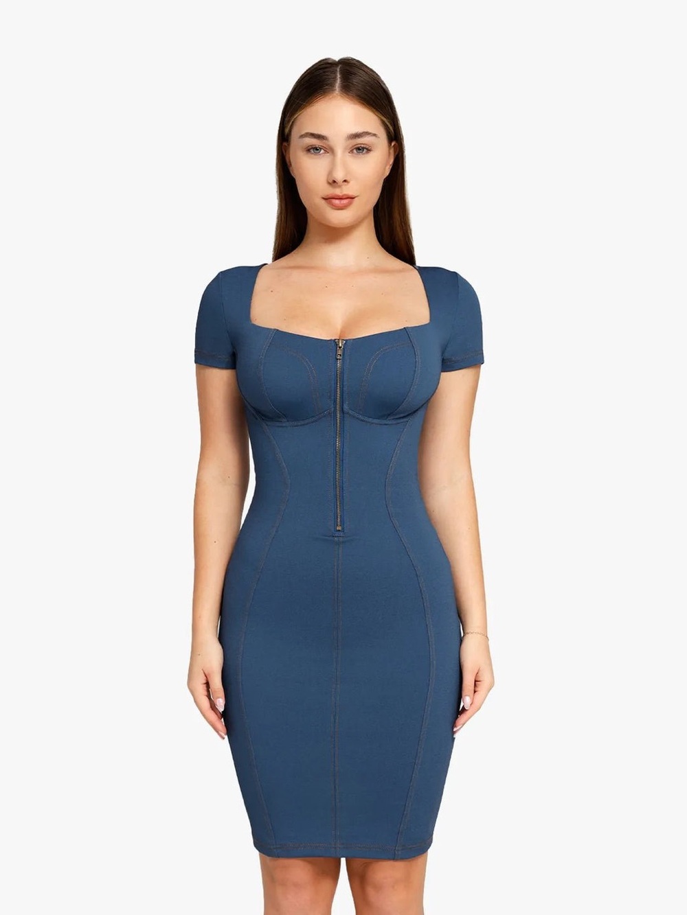 NWT Popilush Shapewear Denim Square Neck Tummy Control Midi Dress 2X